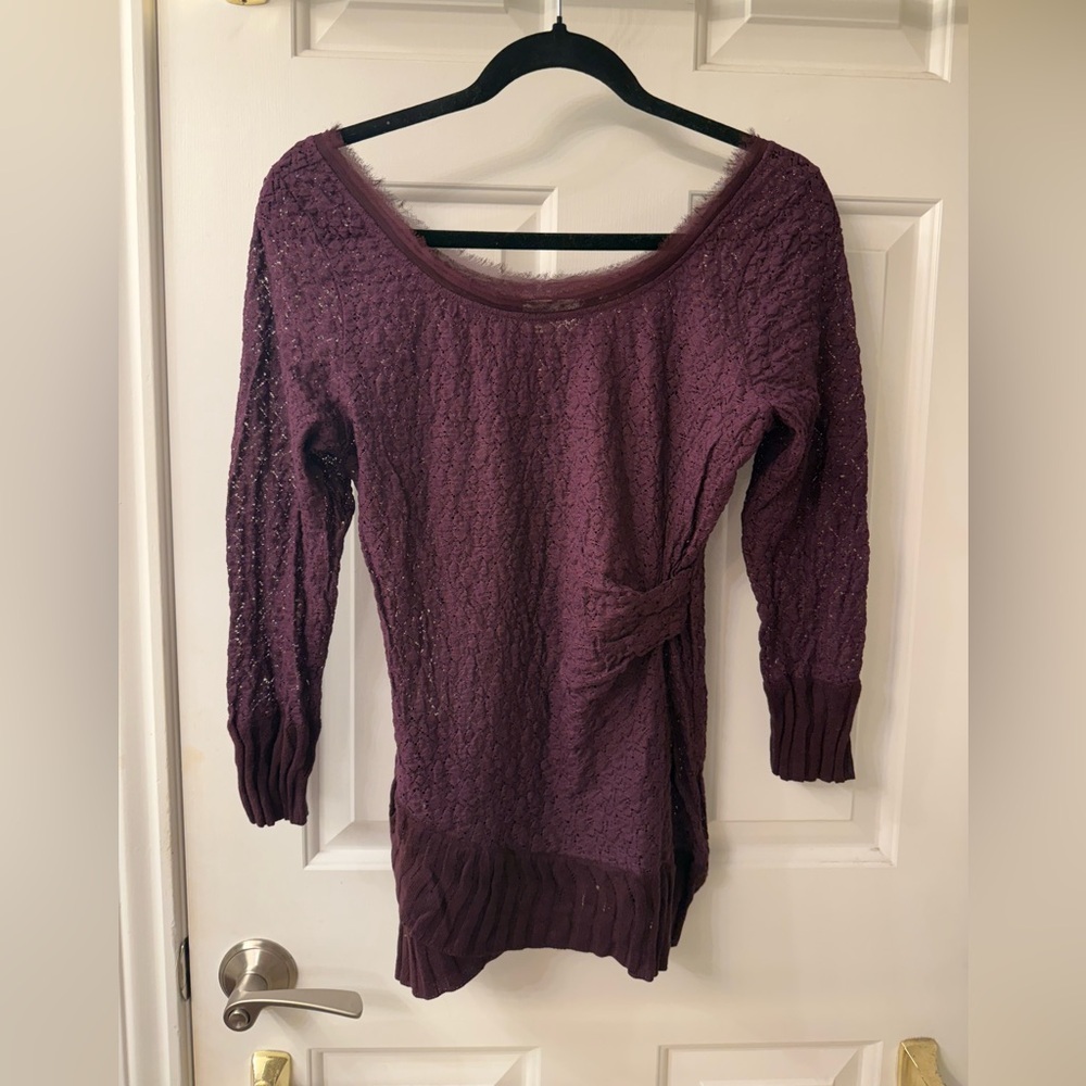Purple textured long sleeves top with gathered detail on one side